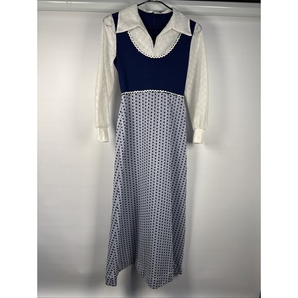 Vintage Dresses & Skirts - Vintage 1970s Gunne Style Prairie Maxi Dress Polka Dot Lace Sleeves Dagger XS